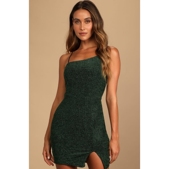 Lulu's | Take Me Anywhere Green Sparkly Asymmetrical Bodycon Mini Dress NEW - Picture 1 of 7